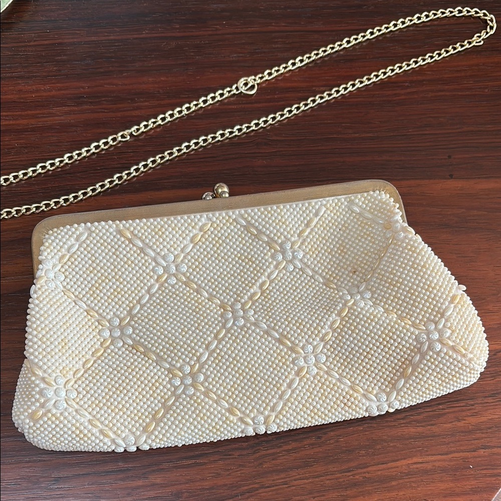 1960s Hong Kong Cream Beaded Clutch Yellow Cream